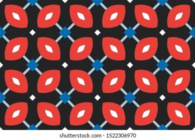 Vector seamless geometric pattern. Shaped white and blue squares and light blue lines and red, white rounded diamonds on black background.
