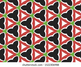 Vector seamless geometric pattern. Shaped in white, black, red and green colors.