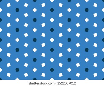 Vector seamless geometric pattern. Shaped dark blue hexagons and white square on blue background.