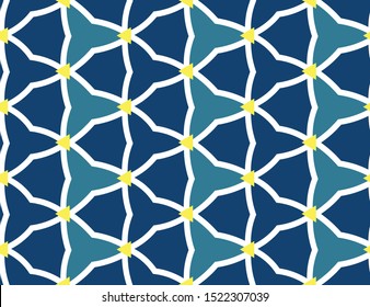 Vector seamless geometric pattern. Shaped white and yellow barbed wires and triangles on light and dark blue background.