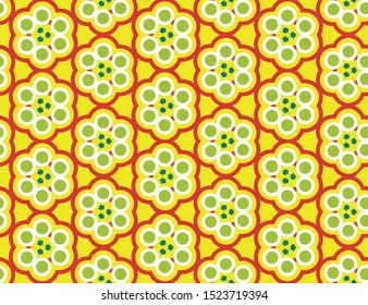 Vector seamless geometric pattern. Shaped flowers, circles, arrows in yellow white and green colors.