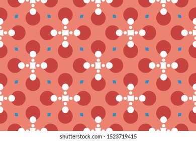 Vector seamless geometric pattern. Shaped circles, squares and diamonds in white, red and blue colors.