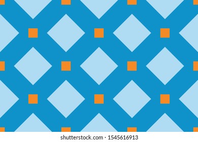 Vector seamless geometric pattern. Shaped light blue, orange squares on blue background.