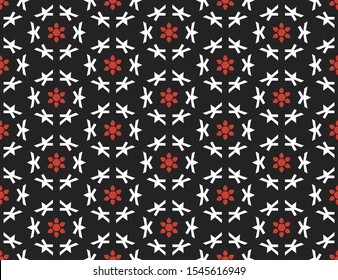 Vector seamless geometric pattern. Shaped white and red flowers and shapes on black background.