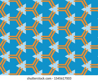 Vector seamless geometric pattern. Shaped brown line hexagons, light blue triangles on blue background.