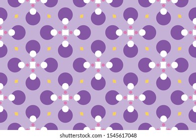 Vector seamless geometric pattern. Shaped circles, squares and diamonds in purple, pink and yellow colors.
