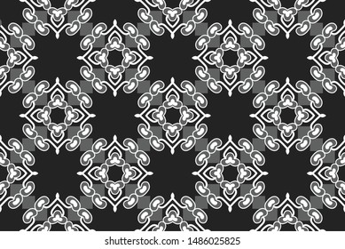 Vector seamless geometric pattern. Shapes in grey and white colors on black background.