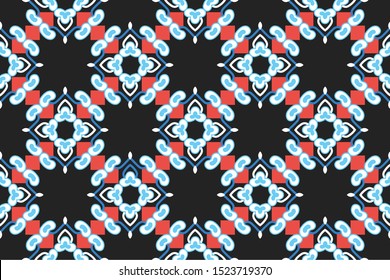 Vector seamless geometric pattern. Shapes in blue blue, white and red colors on black background.