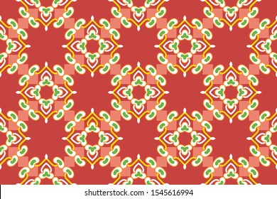 Vector seamless geometric pattern. Shapes in white, green, yellow on red colors.