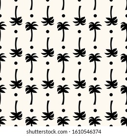 Vector seamless geometric pattern with silhouettes of palms and dots