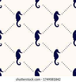 Vector seamless geometric pattern with silhouettes of sea horses and polka dot. Maritime backdrop. Retro nautical background for textile, texture, print,wrapping paper, scapbooking