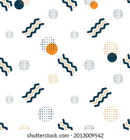 Vector seamless geometric pattern with simple shapes and forms. Trendy background or wrapping paper with zigzags and lines, dots and circles.