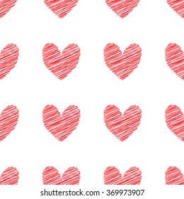 Vector seamless geometric pattern with sketch hearts. Repeating endless texture. Valentine's day red background and wallpaper. Template for decoration, wrapping, fabric,