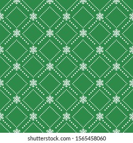 Vector seamless geometric pattern with snowflakes on green background; holiday design for greeting card, gift box, wallpaper, wrapping paper, fabric, web design.