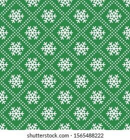 Vector seamless geometric pattern with snowflakes on green background; holiday design for greeting card, gift box, wallpaper, wrapping paper, fabric, web design.