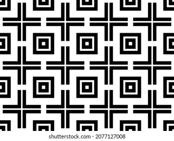 Vector seamless geometric pattern of squares, cross, strokes and broken lines. Black elements on a white background. Modern design for web, card, textile, business project, poster. Vector EPS 10.  