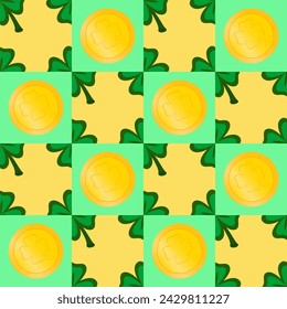Vector seamless geometric pattern for St. Patrick's Day. Gold coins and clover.