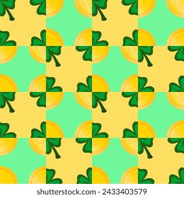 Vector seamless geometric pattern for St. Patrick's Day. Gold coins and clover.