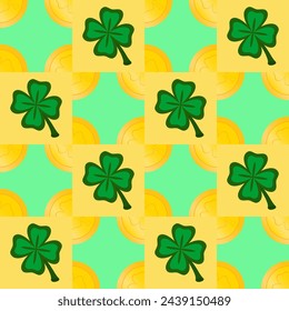 Vector seamless geometric pattern for St. Patrick's Day. Gold coins and clover.