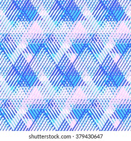 Vector seamless geometric pattern with striped triangle, abstract dynamic shape in bright color. Hand drawn background with overlapping lines in 1980s fashion style. Modern textile print in blue pink