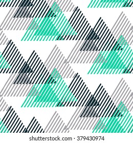 Vector seamless geometric pattern with striped triangles, abstract dynamic shapes in black white and mint green colors. Hand drawn background with lines in 1990s fashion style. Modern textile print.