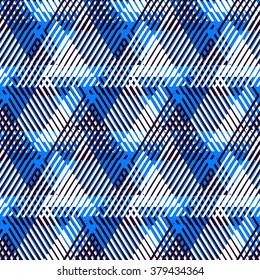 Vector seamless geometric pattern with striped triangles, abstract dynamic shapes in bright blue colors. Hand drawn background with overlapping lines in 1980s fashion style. Modern textile print