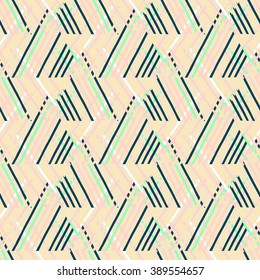 Vector seamless geometric pattern with striped triangle, abstract dynamic shape in bright color. Hand drawn background with overlapping lines in 1980s fashion style. Modern textile print in beige