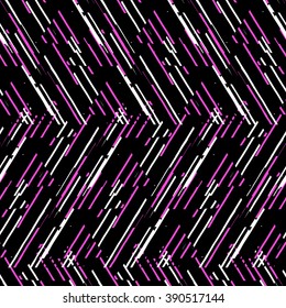 Vector seamless geometric pattern with striped triangles, abstract diagonal shapes in black, white, pink color. Hand drawn background with overlapping lines in 1980s fashion style. Modern zebra print