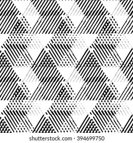 Vector seamless geometric pattern with striped triangles, abstract dynamic shapes in black and white. Hand drawn background with crossing lines in 1980s fashion style. Modern techno textile print