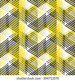 Vector seamless geometric pattern with striped triangles, abstract dynamic shapes in white, black yellow colors. Hand drawn background with  crossing lines in 1980s fashion style. Modern textile print