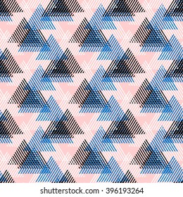 Vector seamless geometric pattern with striped triangles, abstract dynamic shapes in pink, blue white, black colors. Hand drawn background with lines in 1990s fashion style. Modern textile print.