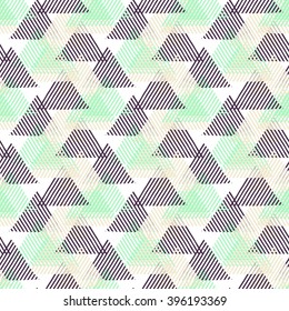 Vector seamless geometric pattern with striped triangles, abstract dynamic shapes in pink, blue white, black colors. Hand drawn background with lines in 1990s fashion style. Modern textile print.