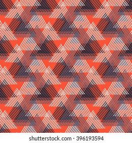 Vector seamless geometric pattern with striped triangles, abstract dynamic shapes in bright colors. Hand drawn background with overlapping lines in 1980s fashion style. Modern textile print in red