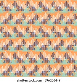 Vector seamless geometric pattern with striped triangles, abstract dynamic shapes in bright color. Hand drawn background with overlapping lines in 1990s fashion style. Modern textile print in orange