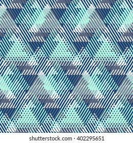 Vector seamless geometric pattern with striped triangles, abstract dynamic shapes. Hand drawn background with overlapping lines in 1980s fashion style. Modern textile print in pastel green blue color