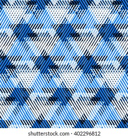 Vector seamless geometric pattern with striped triangles, abstract dynamic shapes in black white and indigo blue colors. Hand drawn background with lines in 1990s fashion style. Modern textile print.