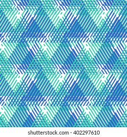 Vector seamless geometric pattern with striped triangles, abstract dynamic shapes in bright blue colors. Hand drawn background with overlapping lines in 1980s fashion style. Modern textile print