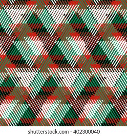 Vector seamless geometric pattern with striped triangles, abstract dynamic shapes in bright green, red colors. Hand drawn background with overlapping lines in 1980s fashion style. Modern textile print