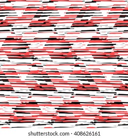 Vector seamless geometric pattern with striped triangles, abstract diagonal shapes in black white red color. Hand drawn background with overlap lines in 1980s fashion style. Modern funky textile print