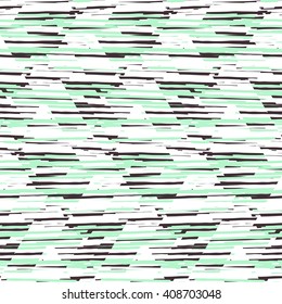 Vector seamless geometric pattern with striped triangle, abstract diagonal shape in pastel mint green color. Hand drawn background with overlap lines in 1980s fashion style. Modern funky textile print