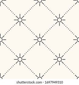 Vector seamless geometric pattern with sun icons and polka dot. Modern monochrome background for textile, wallppaper, digital paper, wrapping paper, web design and prints.