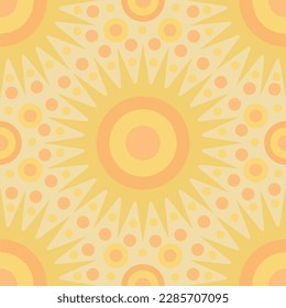 Vector seamless geometric pattern with suns and dots. Solar print.