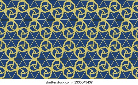 Vector seamless geometric pattern. Triangles curved line. For wallpaper, presentation background, interior design, fashion print. Blue, dark yellow color.