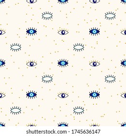 Vector seamless geometric pattern with various evil eyes talismans for protection and good luck. Contemporary modern trendy background for digital paper, textile, texture, wrapping paper.