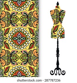 Vector seamless geometric pattern with vintage tailor's dummy for female body, invitation card design