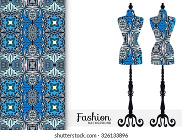 Vector seamless geometric pattern with vintage tailor's dummy for female body, invitation card design