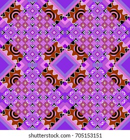 Vector seamless geometric pattern of violet, pink and brown tiles.