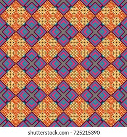 Vector seamless geometric pattern of violet, pink and yellow tiles.