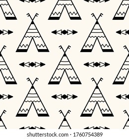 Vector seamless geometric pattern with wigwams, teepee and triangle shapes. Scandinavian style background for kids. Cute minimalistic native americans backdrop for prints, textile, fabric