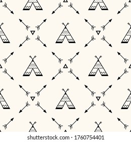 Vektornahtloses geometrisches Muster mit Wams, Tepee, Pfeilen und Dreiecksformen. Skandinavischer Hintergrund für Kinder. Cute minimalistische, einheimische Amerikaner Hintergrund für Drucke, Textilien